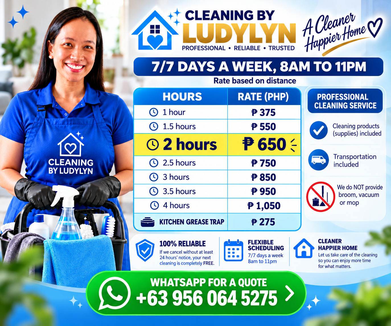 Ludylyn in a blue cleaning uniform, holding cleaning supplies